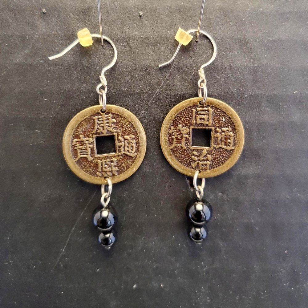 Sterling Silver/onyx/Japanese Coin Earrings